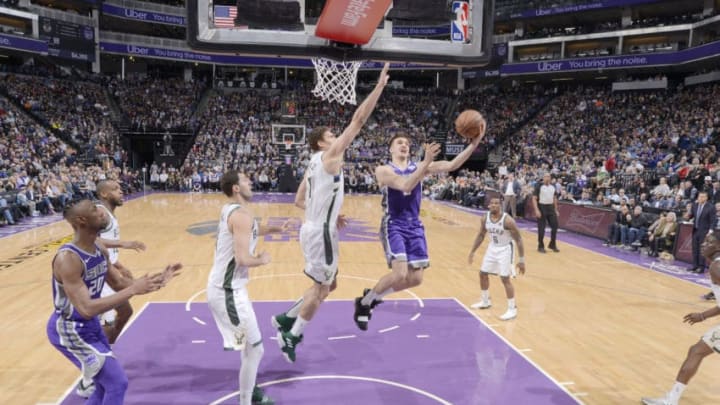 SACRAMENTO, CA - FEBRUARY 27: Bogdan Bogdanovic #8 of the Sacramento Kings shoots the ball against the Milwaukee Bucks on February 27, 2019 at Golden 1 Center in Sacramento, California. NOTE TO USER: User expressly acknowledges and agrees that, by downloading and or using this Photograph, user is consenting to the terms and conditions of the Getty Images License Agreement. Mandatory Copyright Notice: Copyright 2019 NBAE (Photo by Rocky Widner/NBAE via Getty Images)
