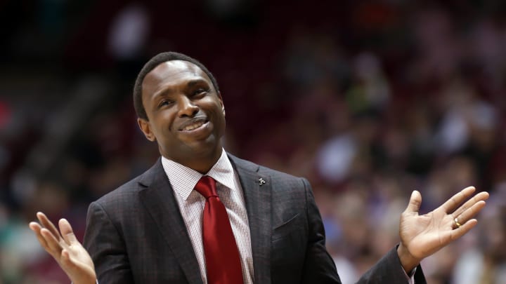 Mar 1, 2017; Tuscaloosa, AL, USA; Alabama basketball head coach Avery Johnson reacts to a call during the first half against Mississippi Rebels at Coleman Coliseum. Mandatory Credit: Marvin Gentry-USA TODAY Sports