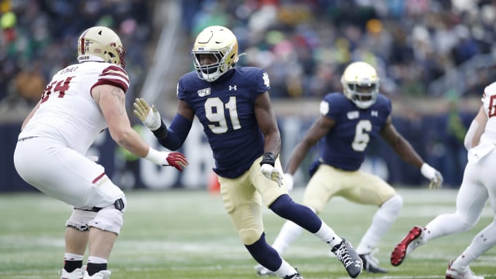 SOUTH BEND, IN – NOVEMBER 23: Adetokunbo Ogundeji #91 of the Notre Dame Fighting Irish in action on defense during a game against the Boston College Eagles at Notre Dame Stadium on November 23, 2019 in South Bend, Indiana. Notre Dame defeated Boston College 40-7. (Photo by Joe Robbins/Getty Images)