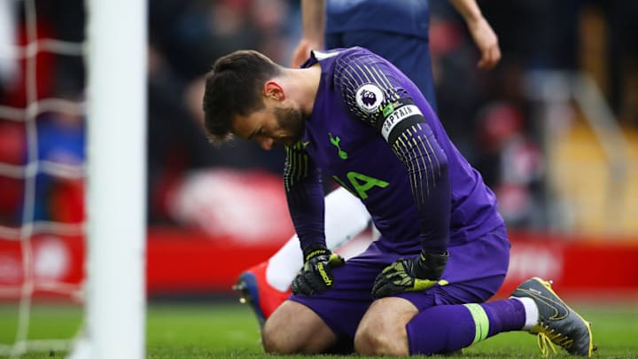 LIVERPOOL, ENGLAND - MARCH 31: Hugo Lloris of Tottenham Hotspur shows his dejection after team mate Toby Alderweireld (out of pic) scores an own goal giving a last minute victory to Liverpool during the Premier League match between Liverpool FC and Tottenham Hotspur at Anfield on March 31, 2019 in Liverpool, United Kingdom. (Photo by Clive Brunskill/Getty Images)