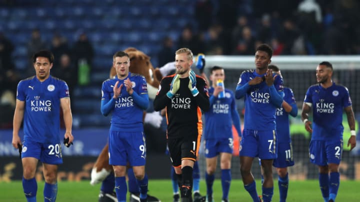 LEICESTER, ENGLAND - DECEMBER 02: Jamie Vardy of Leicester City, Kasper Schmeichel of Leicester City and Demarai Gray of Leicester City show appreciation to the fans after the Premier League match between Leicester City and Burnley at The King Power Stadium on December 2, 2017 in Leicester, England. (Photo by Matthew Lewis/Getty Images)