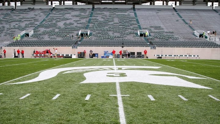 Sep 24, 2016; East Lansing, MI, USA; General view of mid-field logo honoring former Michigan State Spartans punter Mike Sadler prior to a game at Spartan Stadium. Mandatory Credit: Mike Carter-USA TODAY Sports
