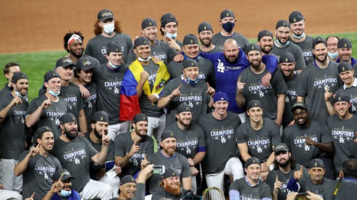 ARLINGTON, TEXAS - OCTOBER 27: The Los Angeles Dodgers pose for a photo after defeating the Tampa Bay Rays 3-1 in Game Six to win the 2020 MLB World Series. (Photo by Sean M. Haffey/Getty Images)