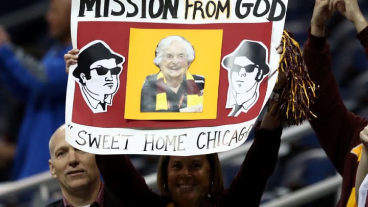 ATLANTA, GA - MARCH 22: Fans hold a 'Mission From God' sign depicting Sister Jean before the 2018 NCAA Men's Basketball Tournament South Regional against the Nevada Wolf Pack at Philips Arena on March 22, 2018 in Atlanta, Georgia. (Photo by Ronald Martinez/Getty Images)