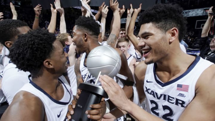 CINCINNATI, OH - FEBRUARY 28: Xavier Musketeers players celebrate after winning the Big East Conference regular season title with an 84-74 win over the Providence Friars at Cintas Center on February 28, 2018 in Cincinnati, Ohio. (Photo by Joe Robbins/Getty Images)