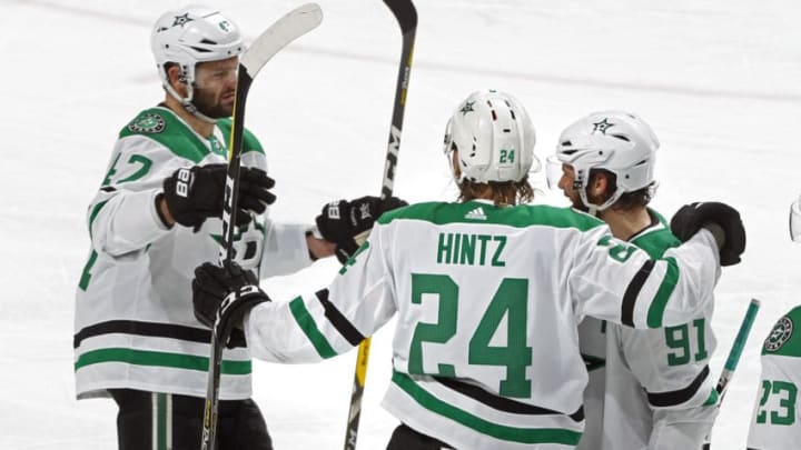 ST. PAUL, MN - MARCH 14: After scoring a 2nd period goal Roope Hintz #24 of the Dallas Stars is congratulated by Alexander Radulov #47 of the Dallas Stars and Tyler Seguin #91 of the Dallas Stars during a game at Xcel Energy Center on March 14, 2019 in St. Paul, Minnesota.(Photo by Bruce Kluckhohn/NHLI via Getty Images)
