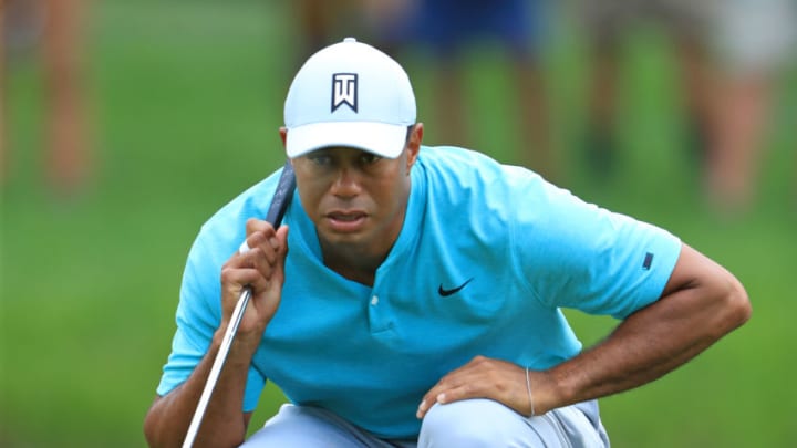 DUBLIN, OHIO - MAY 31: Tiger Woods lines up a putt on the second hole during the second round of The Memorial Tournament Presented by Nationwide at Muirfield Village Golf Club on May 31, 2019 in Dublin, Ohio. (Photo by Sam Greenwood/Getty Images)