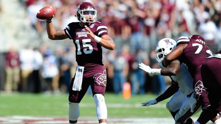 Oct 17, 2015; Starkville, MS, USA; Mississippi State Bulldogs quarterback Dak Prescott (15) looks to throw the ball during the first half against Louisiana Tech Bulldogs at Davis Wade Stadium. Mandatory Credit: Joshua Lindsey-USA TODAY Sports
