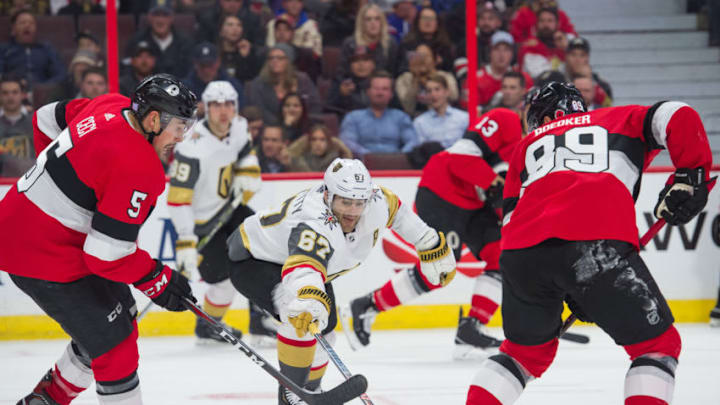 OTTAWA, ON - NOVEMBER 08: Vegas Golden Knights Left Wing Max Pacioretty (67) stretches for the puck againstOttawa Senators Defenceman Cody Ceci (5) and Ottawa Senators Right Wing Mikkel Boedker (89) during the third period of the NHL game between the Ottawa Senators and the Vegas Golden Knights on November 8, 2018 at the Canadian Tire Centre in Ottawa, Ontario, Canada. (Photo by Steven Kingsman/Icon Sportswire via Getty Images)