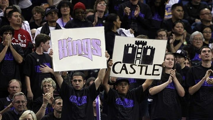 November 05, 2012; Sacramento, CA, USA; Sacramento Kings fans hold signs against the Golden State Warriors during the fourth quarter at Sleep Train Arena. The Sacramento Kings defeated the Golden State Warriors 94-92. Mandatory Credit: Kelley L Cox-USA TODAY Sports