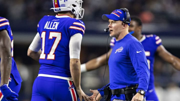 ARLINGTON, TX - NOVEMBER 28: Head Coach Sean McDermott congratulates Josh Allen #17 of the Buffalo Bills after a touchdown during the second half of a game on Thanksgiving Day against the Dallas Cowboys at NRG Stadium on November 28, 2019 in Arlington, Texas. The Bills defeated the Cowboys 26-15. (Photo by Wesley Hitt/Getty Images)