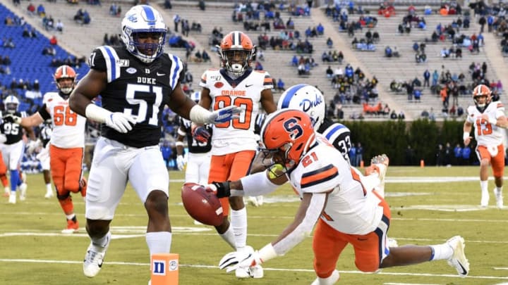 DURHAM, NORTH CAROLINA - NOVEMBER 16: Moe Neal #21 of the Syracuse Orange comes up short of the end zone as he dicves for the pylon during the first quarter of their game against the Duke Blue Devils at Wallace Wade Stadium on November 16, 2019 in Durham, North Carolina. (Photo by Grant Halverson/Getty Images)