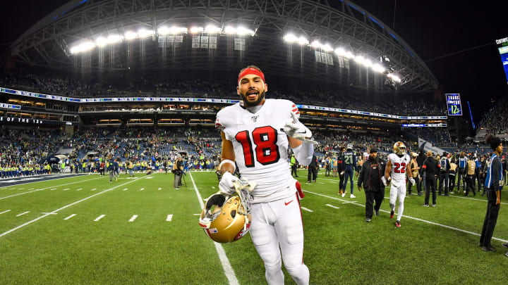 SEATTLE, WASHINGTON – DECEMBER 29: Dante Pettis #18 of the San Francisco 49ers celebrates after the game against the Seattle Seahawks at CenturyLink Field on December 29, 2019 in Seattle, Washington. The San Francisco 49ers top the Seattle Seahawks 26-21. (Photo by Alika Jenner/Getty Images)