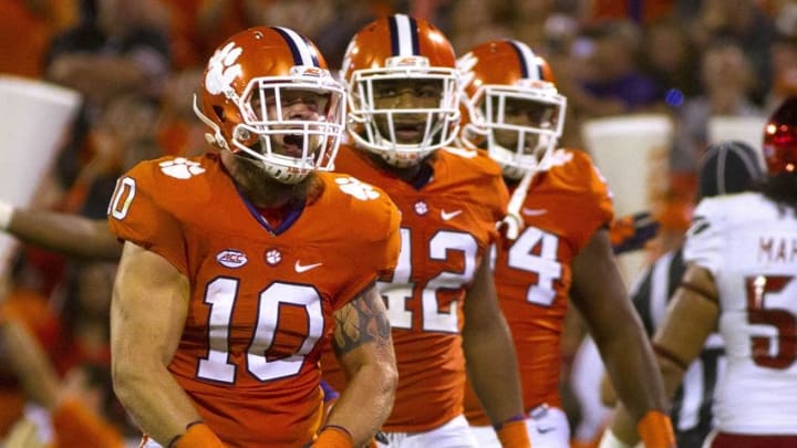 Oct 1, 2016; Clemson, SC, USA; Clemson Tigers quarterback Tucker Israel (10) reacts after getting a sack during the third quarter against the Louisville Cardinals at Clemson Memorial Stadium. Mandatory Credit: Joshua S. Kelly-USA TODAY Sports