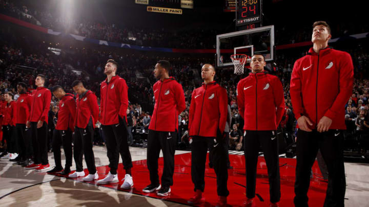 PORTLAND, OR - MARCH 3: the Portland Trail Blazers stand for the national anthem prior to the game against the Oklahoma City Thunder on March 3, 2018 at the Moda Center in Portland, Oregon. NOTE TO USER: User expressly acknowledges and agrees that, by downloading and or using this Photograph, user is consenting to the terms and conditions of the Getty Images License Agreement. Mandatory Copyright Notice: Copyright 2018 NBAE (Photo by Cameron Browne/NBAE via Getty Images)