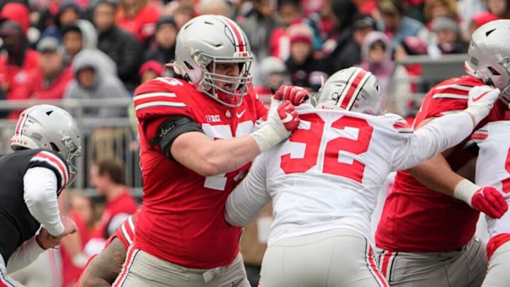 Ohio State Buckeyes offensive lineman Grant Toutant (73) blocks defensive end Caden Curry (92) during the spring football game at Ohio Stadium in Columbus on April 16, 2022.Ncaa Football Ohio State Spring Game Ohio State Buckeyes offensive lineman Grant Toutant (73) blocks defensive end Caden Curry (92) during the spring football game at Ohio Stadium in Columbus on April 16, 2022.Ncaa Football Ohio State Spring Game