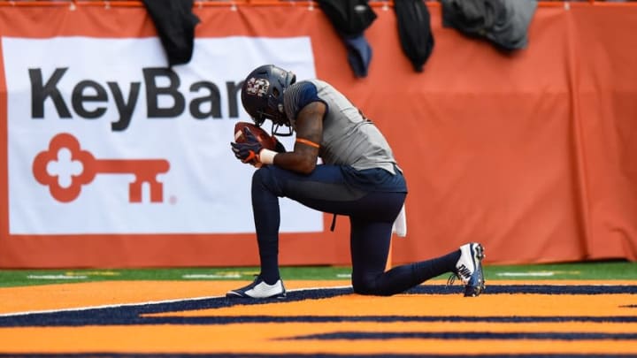 Nov 12, 2016; Syracuse, NY, USA; Syracuse Orange wide receiver Amba Etta-Tawo (7) reacts following his touchdown catch and run against the North Carolina State Wolfpack during the third quarter at the Carrier Dome. North Carolina State defeated Syracuse 35-20. Mandatory Credit: Rich Barnes-USA TODAY Sports