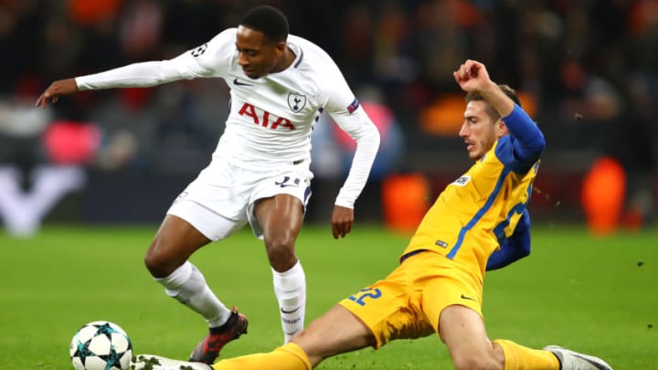 LONDON, ENGLAND - DECEMBER 06: Kyle Walker-Peters of Tottenham Hotspur and Minas Antoniou of Apoel FC during the UEFA Champions League group H match between Tottenham Hotspur and APOEL Nicosia at Wembley Stadium on December 6, 2017 in London, United Kingdom. (Photo by Julian Finney/Getty Images)