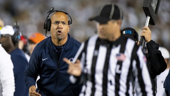 UNIVERSITY PARK, PA – OCTOBER 19: Head coach James Franklin of the Penn State Nittany Lions argues with a line judge during the second quarter against the Michigan Wolverines on October 19, 2019 at Beaver Stadium in University Park, Pennsylvania. (Photo by Brett Carlsen/Getty Images)