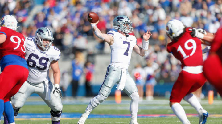 Kansas State senior quarterback Skylar Thompson (7) throws out a pass in the second quarter of Saturday’s Sunflower Showdown against Kansas at David Booth Kansas Memorial Field.