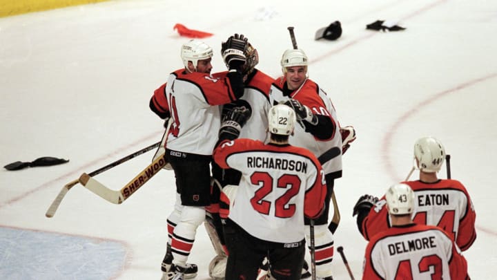 20 Apr 2000: Players of the Philadelphia Flyers celebrating after the game against the Buffalo Sabres at the First Union Center in Philadelphia, Pennsylvania. The Flyers defeated the Sabres 4-2.