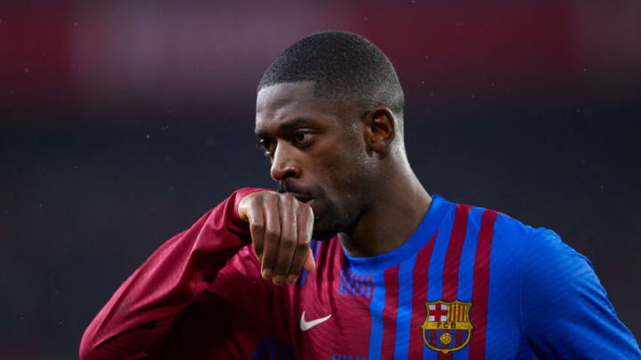 Ousmane Dembele looks on during the LaLiga match between Sevilla FC and FC Barcelona at Estadio Ramon Sanchez Pizjuan on December 21, 2021 in Seville, Spain. (Photo by Fran Santiago/Getty Images)