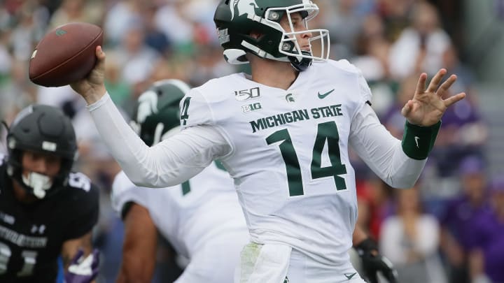 EVANSTON, ILLINOIS – SEPTEMBER 21: Brian Lewerke #14 of the Michigan State Spartans passes against the Northwestern Wildcats at Ryan Field on September 21, 2019 in Evanston, Illinois. (Photo by Jonathan Daniel/Getty Images)