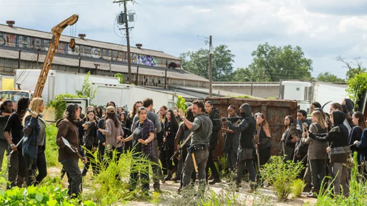 Rosita Espinosa (Christian Serratos), Tara Chambler (Alanna Masterson), Aaron (Ross Marquand), Michonne (Danai Gurira) and Rick Grimes (Andrew Lincoln) in Episode 9Photo by Gene Page/AMC