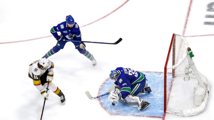 EDMONTON, ALBERTA – SEPTEMBER 03: Thatcher Demko #35 of the Vancouver Canucks stops a shot against Mark Stone #61 of the Vegas Golden Knights during the third period in Game Six of the Western Conference Second Round during the 2020 NHL Stanley Cup Playoffs at Rogers Place on September 03, 2020 in Edmonton, Alberta, Canada. (Photo by Bruce Bennett/Getty Images)
