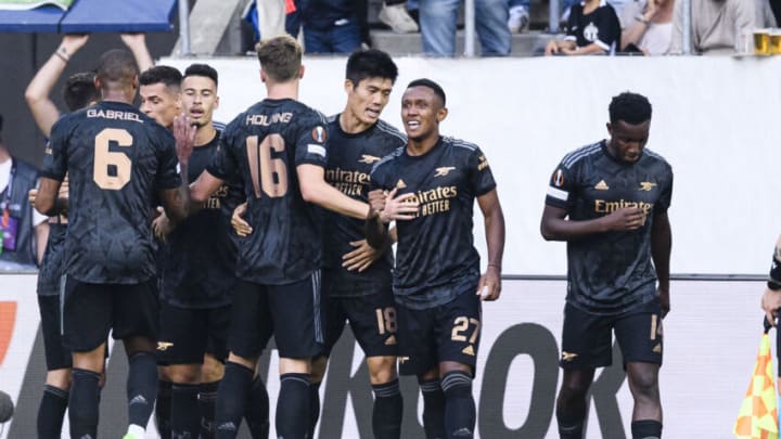 ST GALLEN, SWITZERLAND - SEPTEMBER 08: Marquinhos of Arsenal (C) celebrating his goal with his teammates during the UEFA Europa League group A match between FC Zurich and Arsenal FC at Kybunpark on September 8, 2022 in St Gallen, Switzerland. (Photo by Marcio Machado/Eurasia Sport Images/Getty Images)