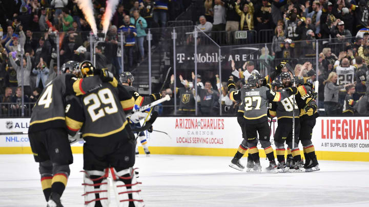 LAS VEGAS, NEVADA – JANUARY 04: The Vegas Golden Knights celebrate after the game-winning goal by Chandler Stephenson #20 in overtime against the St. Louis Blues at T-Mobile Arena on January 04, 2020 in Las Vegas, Nevada. (Photo by Jeff Bottari/NHLI via Getty Images)
