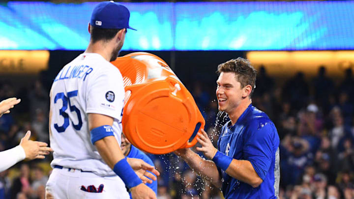 LOS ANGELES, CA - JUNE 01: Los Angeles Dodgers right fielder Cody Bellinger (35) pours Gatorade on Los Angeles Dodgers catcher Will Smith (16) after his walk off home run during a MLB game between the Philadelphia Phillies and the Los Angeles Dodgers on June 1, 2019 at Dodger Stadium in Los Angeles, CA. (Photo by Brian Rothmuller/Icon Sportswire via Getty Images)