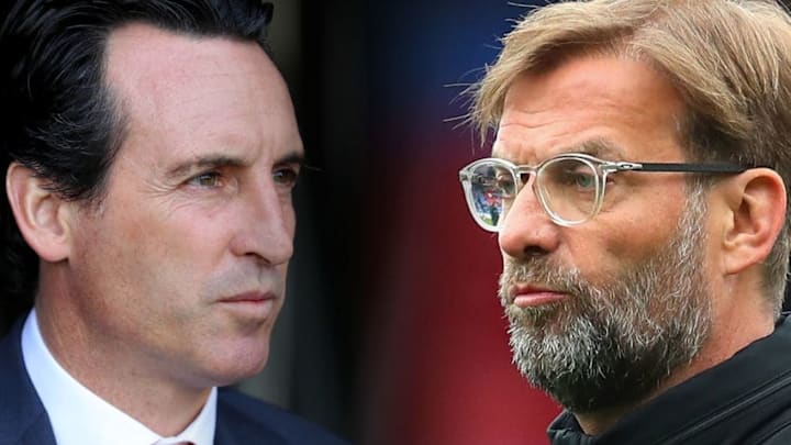 FILE PHOTO (EDITORS NOTE: COMPOSITE OF IMAGES - Image numbers 1046987928,940547396 - GRADIENT ADDED) In this composite image a comparison has been made between Unai Emery, Manager of Arsenal (L) and Jurgen Klopp, Manager of Liverpool. Arsenal FC and Liverpool FC meet in a Premier League match on November 3, 2018 at the Emirates Stadium in London. ***LEFT IMAGE*** LONDON, ENGLAND - OCTOBER 07: Unai Emery, Manager of Arsenal looks out the tunnel ahead of the Premier League match between Fulham FC and Arsenal FC at Craven Cottage on October 7, 2018 in London, United Kingdom. (Photo by Catherine Ivill/Getty Images) ***RIGHT IMAGE*** LONDON, ENGLAND - MARCH 31: Jurgen Klopp, Manager of Liverpool looks on as his team warm up prior to the Premier League match between Crystal Palace and Liverpool at Selhurst Park on March 31, 2018 in London, England. (Photo by Catherine Ivill/Getty Images)