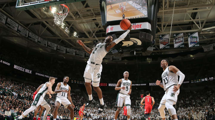 EAST LANSING, MI – FEBRUARY 15: Rocket Watts #2 of the Michigan State Spartans grabs a rebound in the second half of the game against the Maryland Terrapins at the Breslin Center on February 15, 2020 in East Lansing, Michigan. (Photo by Rey Del Rio/Getty Images)