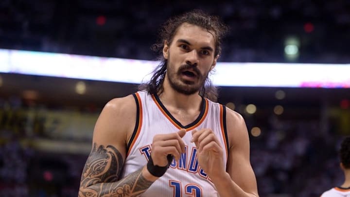 May 24, 2016; Oklahoma City, OK, USA; Oklahoma City Thunder center Steven Adams (12) reacts to a call in action against the Golden State Warriors during the fourth quarter in game four of the Western conference finals of the NBA Playoffs at Chesapeake Energy Arena. Mandatory Credit: Mark D. Smith-USA TODAY Sports