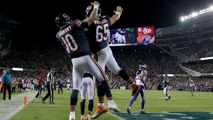 CHICAGO, IL - OCTOBER 09: Mitchell Trubisky #10 and Cody Whitehair #65 of the Chicago Bears celebrate after scoring against the Minnesota Vikings in the fourth quarter at Soldier Field on October 9, 2017 in Chicago, Illinois. The Minnesota Vikings defeated the Chicago Bears 20-17. (Photo by Jon Durr/Getty Images)