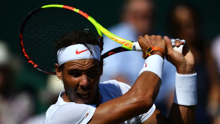 LONDON, ENGLAND - JUNE 29: Rafael Nadal of Spain in action against Lucas Pouille of France during the Aspall Tennis Classic at Hurlingham on June 29, 2018 in London, England. (Photo by Justin Setterfield/Getty Images)