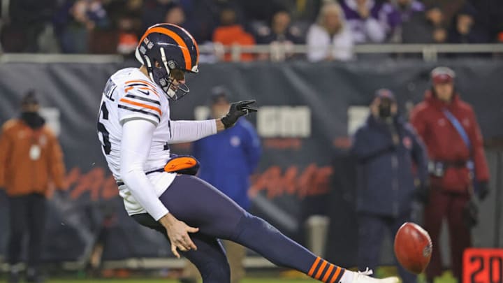 CHICAGO, ILLINOIS - DECEMBER 20: Pat O'Donnell #16 of the Chicago Bears punts against the Minnesota Vikings at Soldier Field on December 20, 2021 in Chicago, Illinois. The Vikings defeated the Bears 17-9. (Photo by Jonathan Daniel/Getty Images)