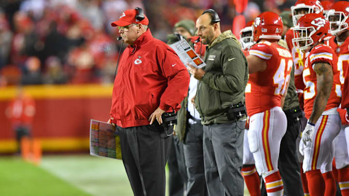 KANSAS CITY, MO - OCTOBER 30: Head coach Andy Reid (L) of the Kansas City Chiefs looks on from the sideline against the Denver Broncos during the first half on October 30, 2017 at Arrowhead Stadium in Kansas City, Missouri. (Photo by Peter G. Aiken/Getty Images)