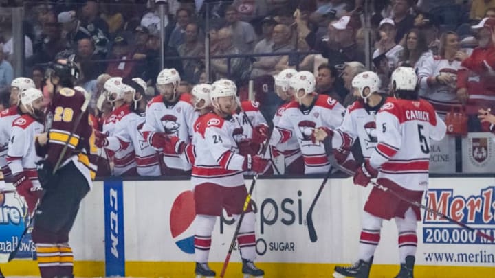 ROSEMONT, IL - JUNE 05: Charlotte Checkers right wing Patrick Brown (24) celebrates his goal in the second period during game three of the AHL Calder Cup Finals between the Charlotte Checkers and the Chicago Wolves on June 5, 2019, at the Allstate Arena in Rosemont, IL. (Photo by Patrick Gorski/Icon Sportswire via Getty Images)