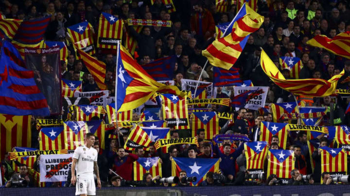 FC Barcelona fans with esteladas flags during semifinal of spanish King Cup frist leg match between FC Barcelona and Real Madrid at Nou Camp Stadium on February 6, 2019.(Photo by Jose Miguel Fernandez/NurPhoto via Getty Images)