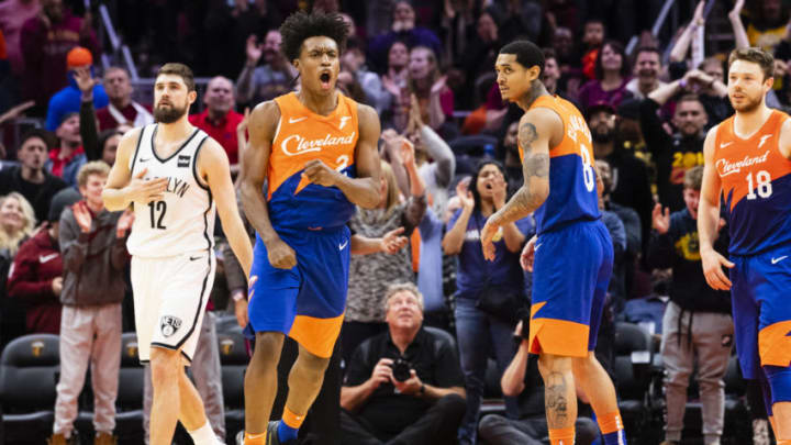 CLEVELAND, OH - FEBRUARY 13: Collin Sexton #2 of the Cleveland Cavaliers celebrates after scoring during the second overtime against the Brooklyn Nets at Quicken Loans Arena on February 13, 2019 in Cleveland, Ohio. The Nets defeated the Cavaliers 148-139 in three overtimes. NOTE TO USER: User expressly acknowledges and agrees that, by downloading and/or using this photograph, user is consenting to the terms and conditions of the Getty Images License Agreement. (Photo by Jason Miller/Getty Images)
