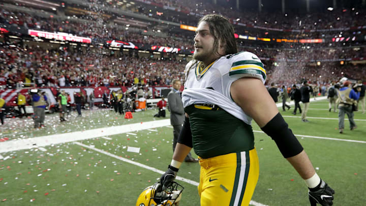 ATLANTA, GA - JANUARY 22: David Bakhtiari #69 of the Green Bay Packers walks off the field after being defeated by the Atlanta Falcons in the NFC Championship Game at the Georgia Dome on January 22, 2017 in Atlanta, Georgia. The Falcons defeated the Packers 44-21. (Photo by Streeter Lecka/Getty Images)