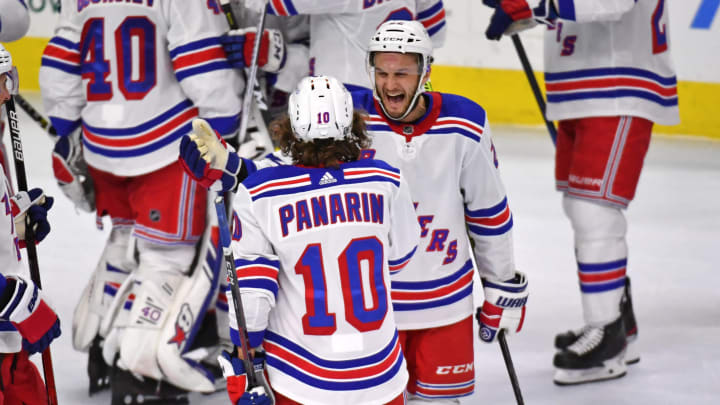 New York Rangers left wing Artemi Panarin (10) and defenseman Anthony Bitetto (22)Credit: Eric Hartline-USA TODAY Sports