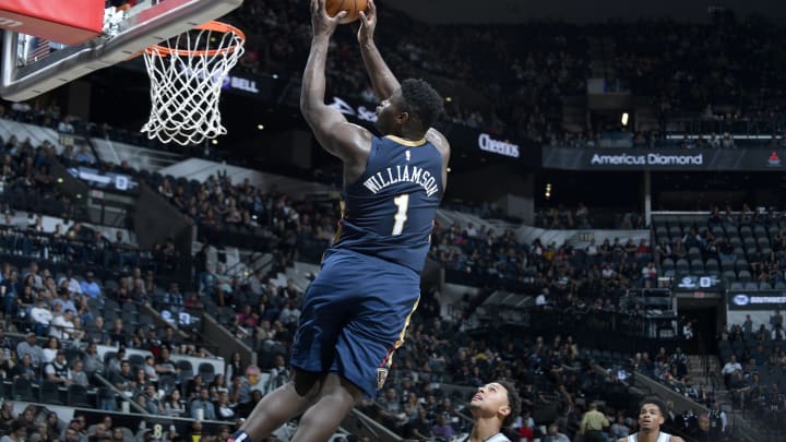 SAN ANTONIO, TX – OCTOBER 13: Zion Williamson #1 of the New Orleans Pelicans dunks the ball against the San Antonio Spurs during a pre-season game on October 13, 2019 at the AT&T Center in San Antonio, Texas. NOTE TO USER: User expressly acknowledges and agrees that, by downloading and or using this photograph, user is consenting to the terms and conditions of the Getty Images License Agreement. Mandatory Copyright Notice: Copyright 2019 NBAE (Photos by Logan Riely/NBAE via Getty Images)