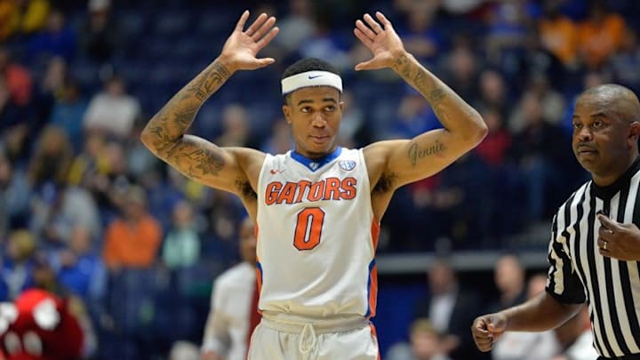 Mar 10, 2016; Nashville, TN, USA; Florida Gators guard Kasey Hill (0) during the second half of the second game of the SEC tournament against the Arkansas Razorbacks at Bridgestone Arena. Mandatory Credit: Jim Brown-USA TODAY Sports