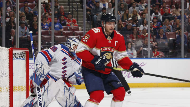 SUNRISE, FL – NOVEMBER 16: Aleksander Barkov #16 of the Florida Panthers blocks the view of Goaltender Henrik Lundqvist # 30 of the New York Rangers seconds later Evgenii Dadonov #63 scored a goal at the BB&T Center on November 16, 2019 in Sunrise, Florida. The Panthers defeated the Rangers 4-3. (Photo by Joel Auerbach/Getty Images)