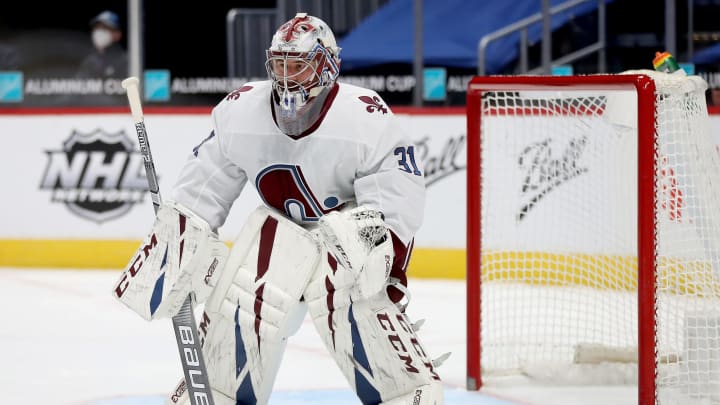 DENVER, COLORADO – FEBRUARY 22: Philipp Grubauer #31 of the Colorado Avalanche  . (Photo by Matthew Stockman/Getty Images)