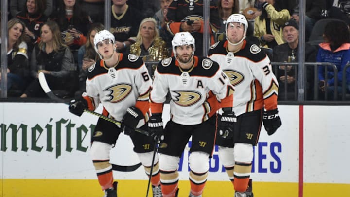 LAS VEGAS, NEVADA - OCTOBER 27: Adam Henrique #14 of the Anaheim Ducks celebrates after scoring a goal during the third period against the Vegas Golden Knights at T-Mobile Arena on October 27, 2019 in Las Vegas, Nevada. (Photo by David Becker/NHLI via Getty Images)