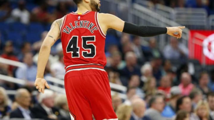 Mar 8, 2017; Orlando, FL, USA; Chicago Bulls guard Denzel Valentine (45) points after he makes a three pointer against the Orlando Magic during the first quarter at Amway Center. Mandatory Credit: Kim Klement-USA TODAY Sports